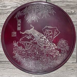 Vintage CHINESE SILVER INLAY Hardwood PEACOCKS PLAQUE / 11.5 Inches / Minor Wear